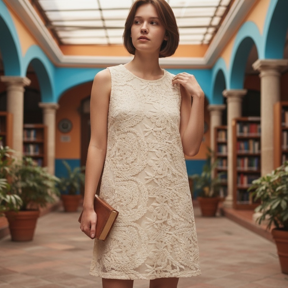F21 cream lace embroidered sleeveless dress s